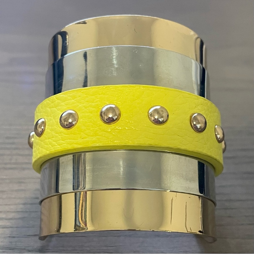 Anthropologie Mixed Metal Leather Studded Cuff Bracelet Chartreuse/Neon Yellow